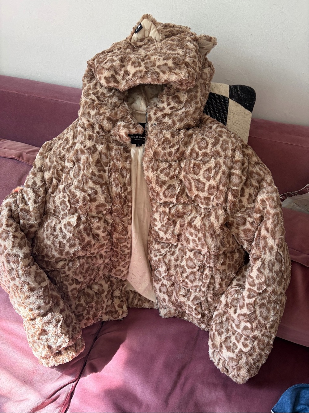 unisex spirithoods leopard faux fur hooded jacket size large